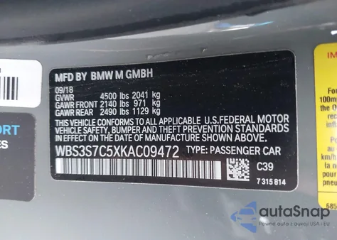 2019 BMW M4 Cs z USA, uszkodzony, nr VIN WBS3S7C5XKAC09472